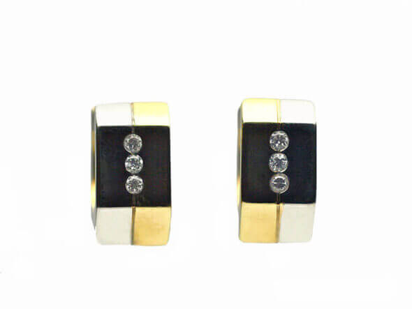 14 Karat White and Yellow Gold Hexagonal Flush Set Diamond Huggie Earring