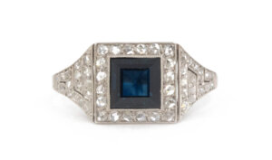 Platinum Art Deco Style Square Emerald Cut Sapphire and Diamond Ring