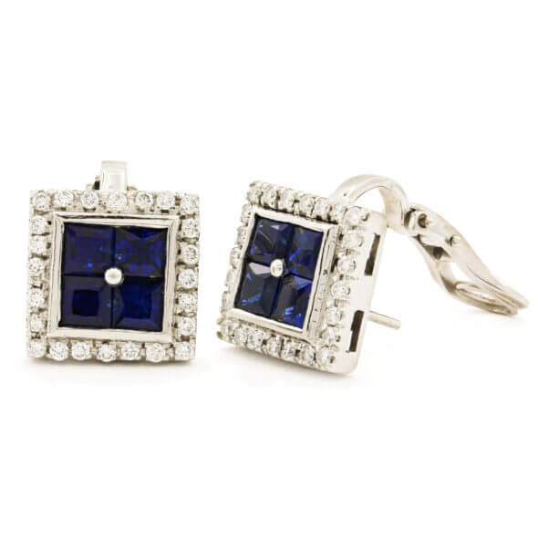 18 Karat White Gold 8 Sapphire | 48 Diamond Square Earrings
