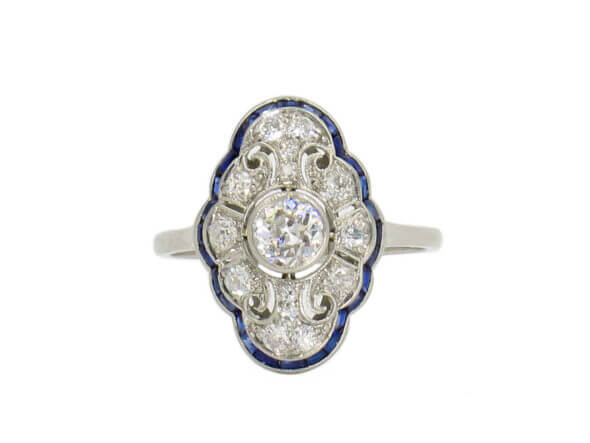 Edwardian Platinum Diamond and Sapphire Cocktail Ring front view