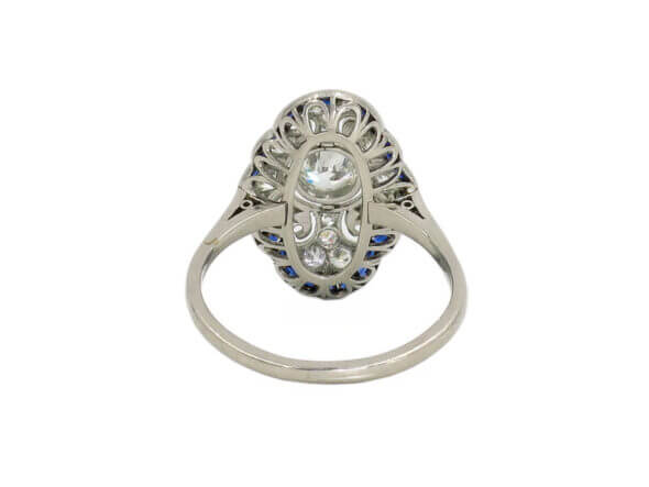Edwardian Platinum Diamond and Sapphire Cocktail Ring back view