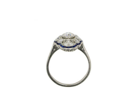 Edwardian Platinum Diamond and Sapphire Cocktail Ring top view