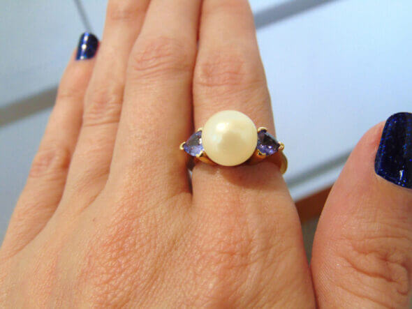 14 Karat Yellow Gold Pearl and Tanzanite Ring
