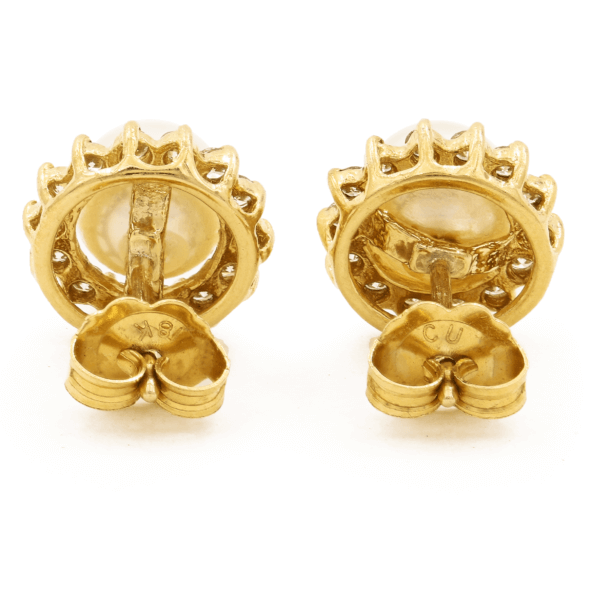 14 Karat Yellow Gold Pearl | Diamond Cluster Stud Earrings