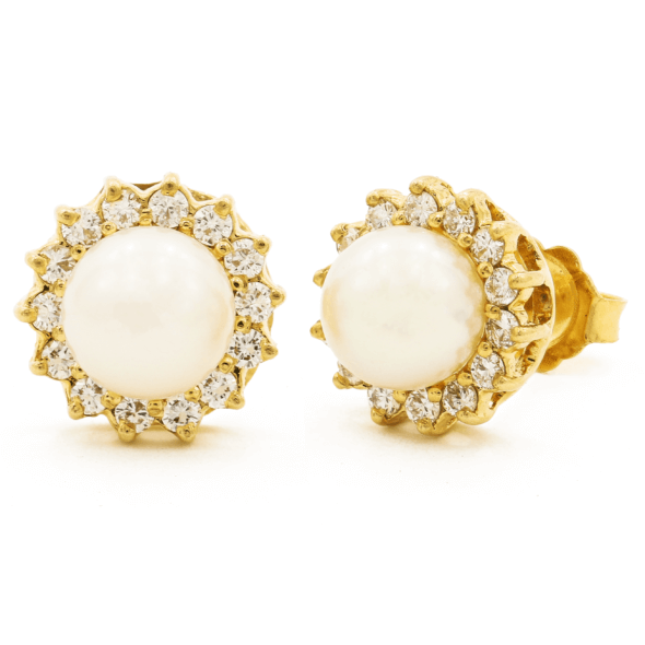 14 Karat Yellow Gold Pearl | Diamond Cluster Stud Earrings