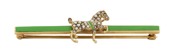 Horse Brooch with Green Enamel and Seed Pearls